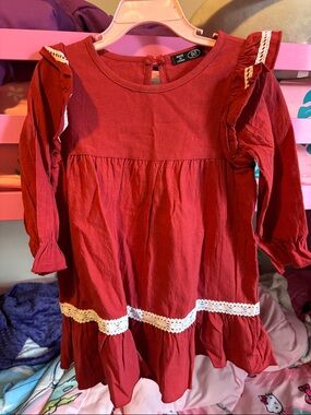 SHEIN Red Long Sleeve Ruffle Dress with Lace Trim